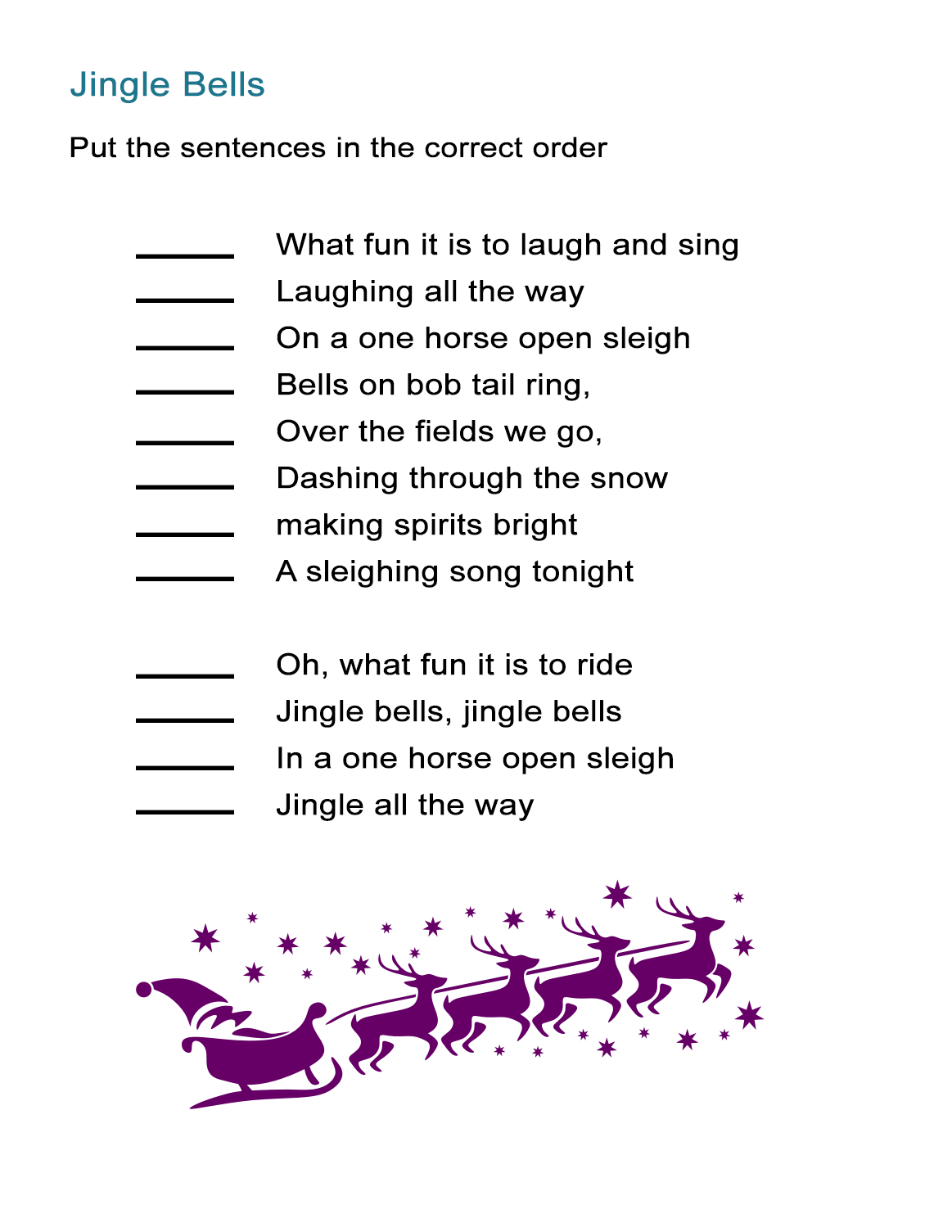 jingle bells for kids worksheet: re-order the song lyrics activity